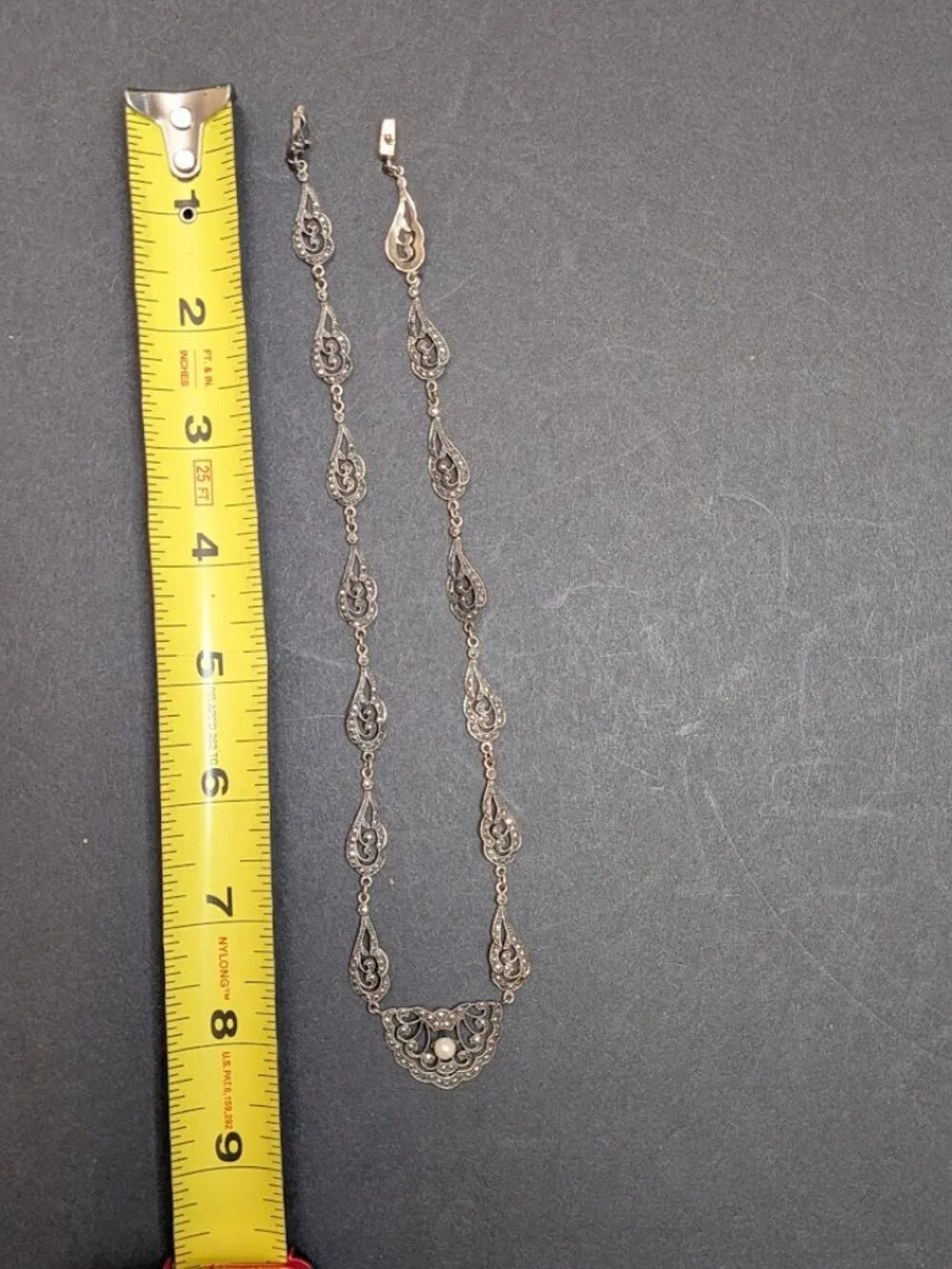 Vintage 925 SHA Sterling Silver Marcasite Filigree Pearl Necklace 16